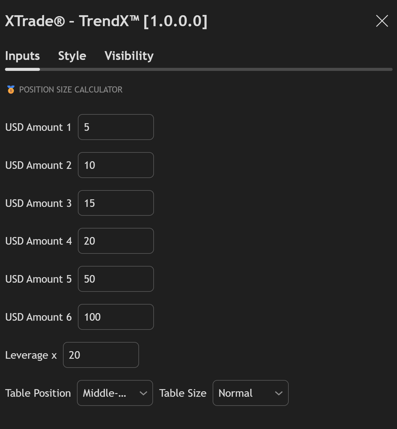 Sigory - TrendX Indicator - Position Size Calculator